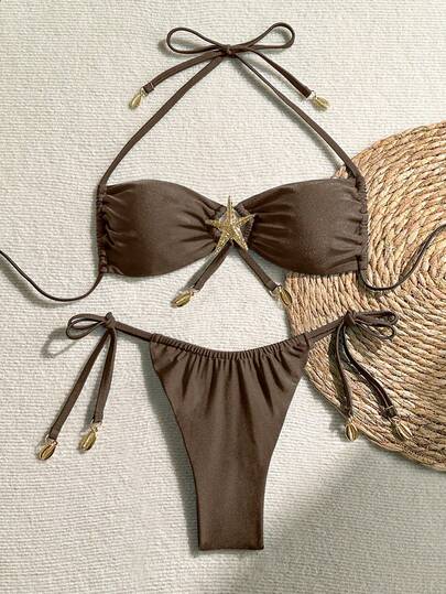 Bikinx Women's Halter Bikini Set With Starfish And Shell Decor, Suitable For Beach Vacation Summer