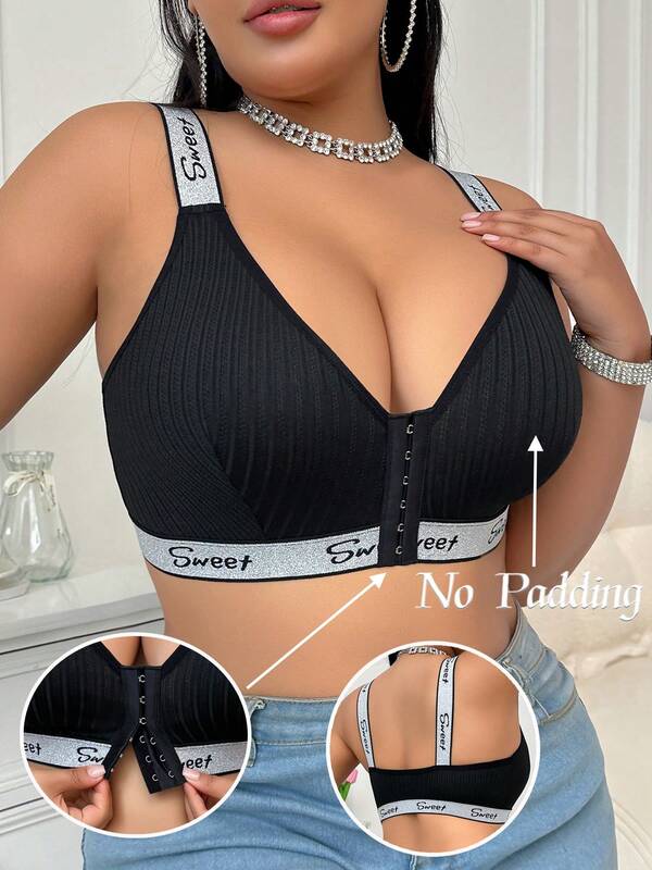 Sujetador inalámbrico de cierre frontal para mujer de talla grande con cinta plateada