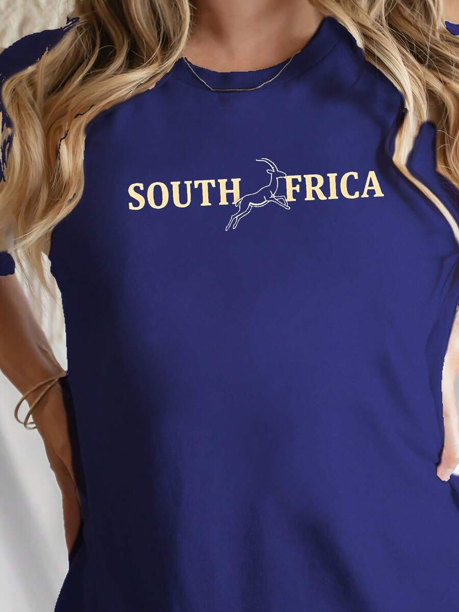 South Africa With Leaping Springbok Casual Versatile Printed Pure Cotton Women's T-Shirt Comfortable And Short-Sleeved - Blue - View 1