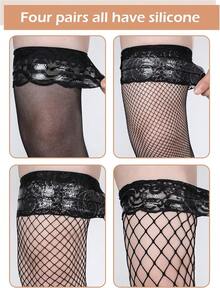 Bencailor 4 Pairs Fishnet Thigh High Stocking For Women Silicone Lace Top Sheer Over Knee Silky Stockings - 紅色 - 查看 11