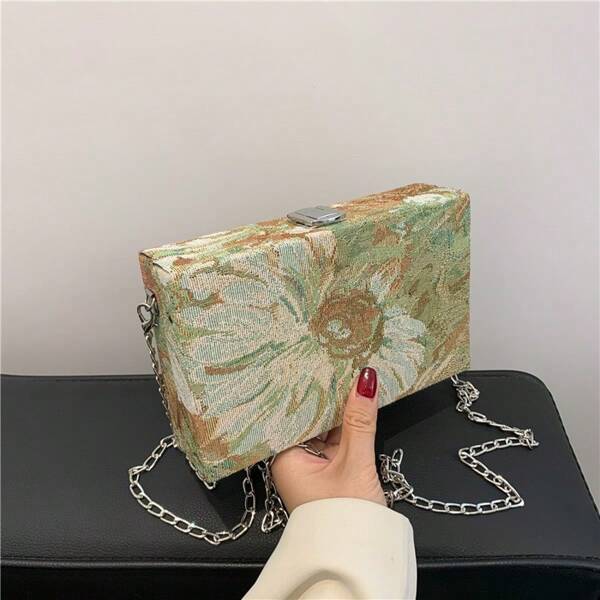 Chinese Style Floral Print Square Box Crossbody Bag, Chain Strap Shoulder/Sling Bag, Suitable For Party, Wedding, Evening Event, Valentine's Day, Mother's Day, Birthday Gift