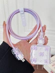 5pcs Small Purple Bow And White Pearls Design Mobile Phone Charger Set 20W/18W, Charging Cable Protection Rope, Charging Head Protection Case, Compatible With IPhone Charger Cable Protector, Charger Accessories, Phone Accessories