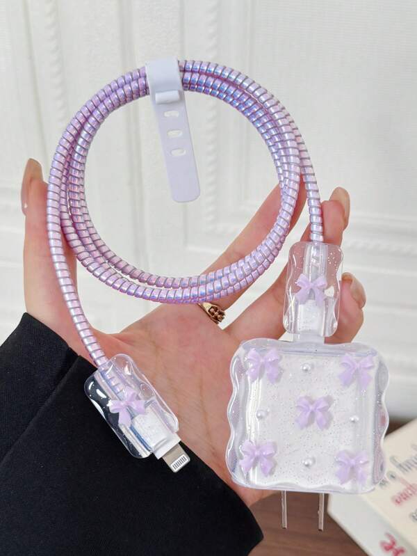 5pcs Small Purple Bow And White Pearls Design Mobile Phone Charger Set 20W/18W, Charging Cable Protection Rope, Charging Head Protection Case, Compatible With IPhone Charger Cable Protector, Charger Accessories, Phone Accessories