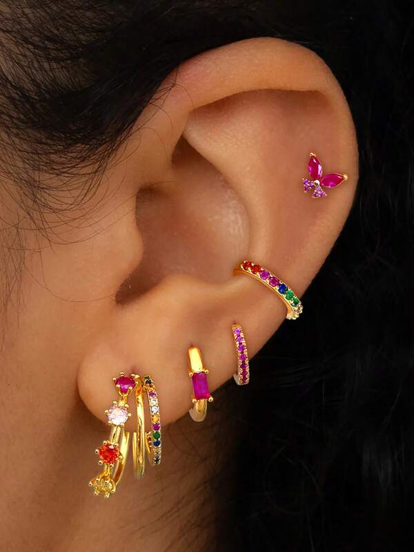 5 Pcs Luxury 24K Gold Plated Cubic Zirconia Butterfly Stud Earrings For Women Multi Colour Zirconia Hoop Earrings Set