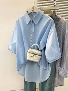 Women's Solid Button-Up Shirt - Asymmetric Hem Collared Short Sleeve Blouse For Casual/Date Nights/Parties, Spring-Fall Versatile Wardrobe Staple