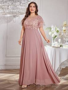 UNITHORSE 大码女式重磅刺绣雪纺宴会连衣裙