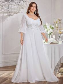 UNITHORSE UNITHORSE Lantern Sleeve Sequin Embroidery Decor Pleated Chiffon Wedding Dress, All White Party Outfit Women
