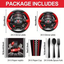 168pcs Pieces Of Racing Themed Tableware - Includes Paper Plates, Paper Cups, Paper Napkins, Knives, Forks And Spoons. Serves 24 Guests -  Birthday Parties, Family Dinners, Camping Trips.