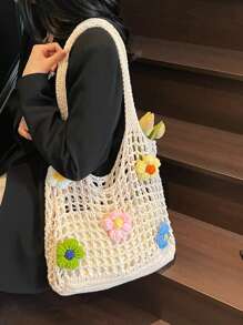 Hollow Floral Knit Bag, Oversized Casual Vacation Tote Bag, Large Capacity Woven Women's Commuter Beach Bag, Fashion Shoulder Shopping Handbag