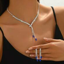 Conjunto de brincos e colar com pingente de lágrima de diamante, acessório formal para vestido de noiva com borla de cristal
