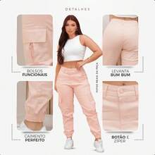 Women's High Waisted Cargo Jogger Pants Premium Twill Side Pocket, Women's High Waisted Cargo Jogger Jeans With Lycra, Women's High Waisted Butt Lifting Cargo Jeans - 粉色 - 查看 5