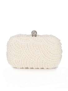 Bolso de mano estilo clutch de noche con perlas, con cierre de gancho, adornado con cristales, para boda, cena o fiesta, bolso de noche elegante para mujer, color blanco