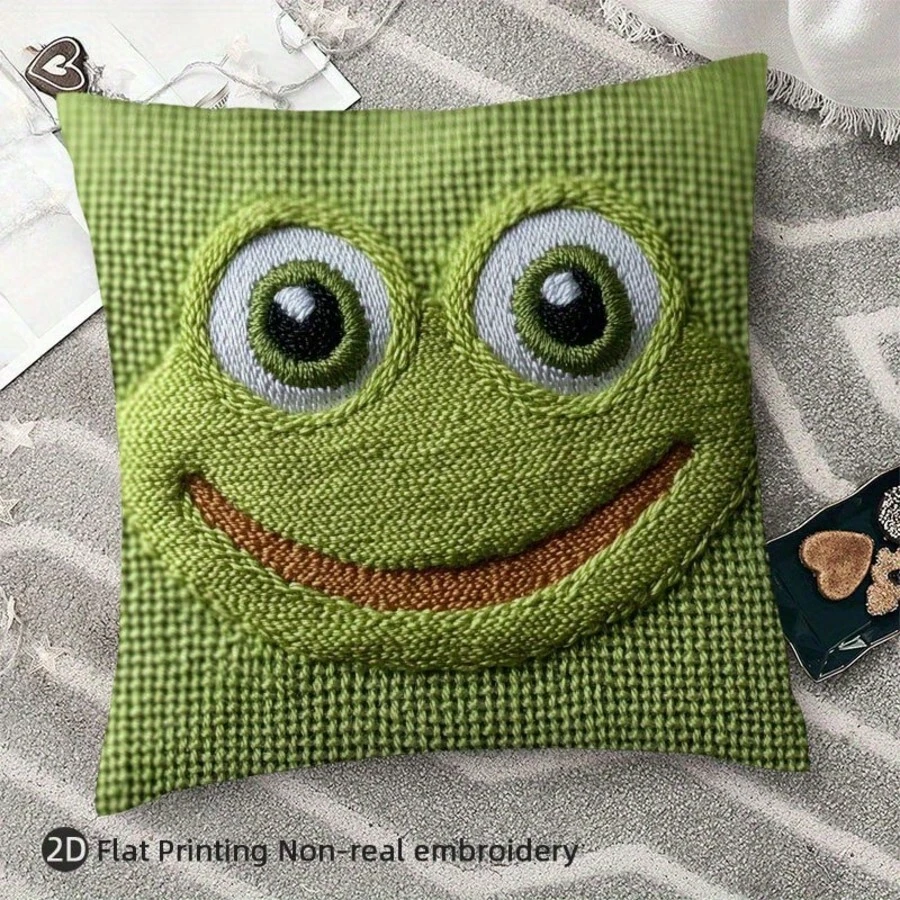 1 件复古青蛙刺绣柔软毛绒涤纶抱枕套，18x18 英寸，带拉链开合，可机洗，居家和办公室装饰靠垫套，蓬松枕头