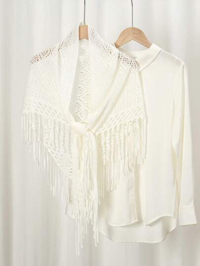 1pc Women's New Plain Color Triangle Fringe Knit Scarf, Knitted Shawl Poncho For Autumn/Winter