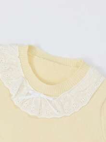 Cream Color Lace Embroidery Bow Knit Short Sleeve Top For Women, Spring/Summer - Yellow - View 5