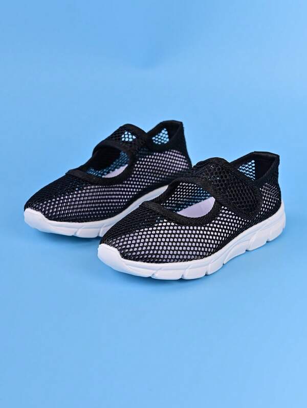 1 par de tênis esportivos infantis de malha de cor sólida com fecho de , minimalistas, práticos, confortáveis, macios e modernos