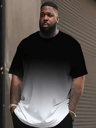 Plus Size Men's Black To White Ombre Printed T-Shirt - Breathable, Casual Crew Neck, Short Sleeve, Machine Washable, Gradient Design, Summer Activewear | Sporty Casual Style | Breathable Fabric, Plus Size