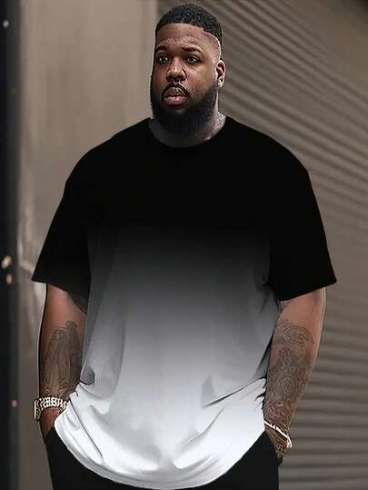 Plus size herrtröja med ombretryck i svart till vit - Andningsbar, Casual Rund hals, Kortärmad, Maskintvättbar, Gradient design, Sommarsportkläder | Sportig Casual Stil | Andningsbart tyg, Plus size