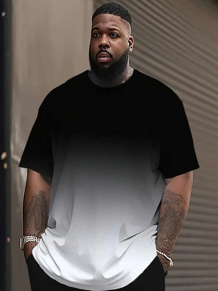 Plus Size Men's Black To White Ombre Printed T-Shirt - Breathable, Casual Crew Neck, Short Sleeve, Machine Washable, Gradient Design, Summer Activewear | Sporty Casual Style | Breathable Fabric, Plus Size - Multicolor - View 1