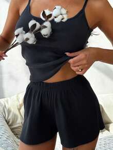 2pcs Women Lingerie Set, Solid Color Sexy Camisole Top & Shorts Pajamas Suit For Casual Home Wear, Outfits - Black - View 2