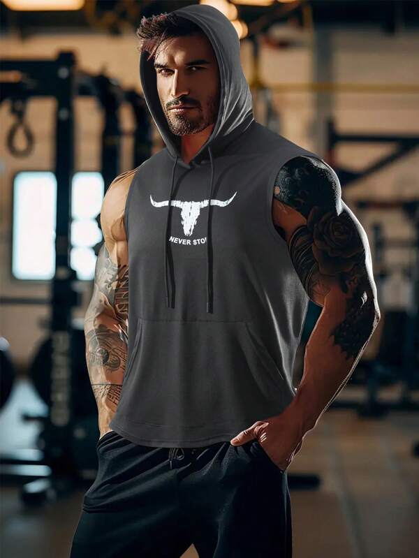 Gilet con cappuccio da uomo con stampa grafica, casual, super morbido, leggero, con cordino, tasca grande, vestibilità slim, traspirante, top senza maniche adatto per fitness, corsa, allenamento