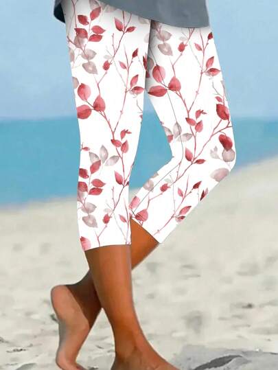 Women's Floral Print 7/8 Leggings, Polyester, Medium Stretch, Regular Fit, Soft Touch