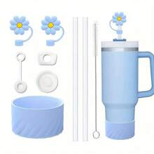 Compatible With Stanley Cup Accessories, 2Pcs Flower Straw Covers 3Pcs Silicone Spill Proof Stopper For Stanley 40oz Tumbler With Lid Handle, Silicone Protective Boot 2pcs Straw And 1pc Brush