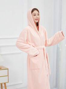 1pc Women Plush V-Neck Long Cardigan Robe, Coral Fleece Long Sleeve With Pockets, Casual Sleepwear Back To School