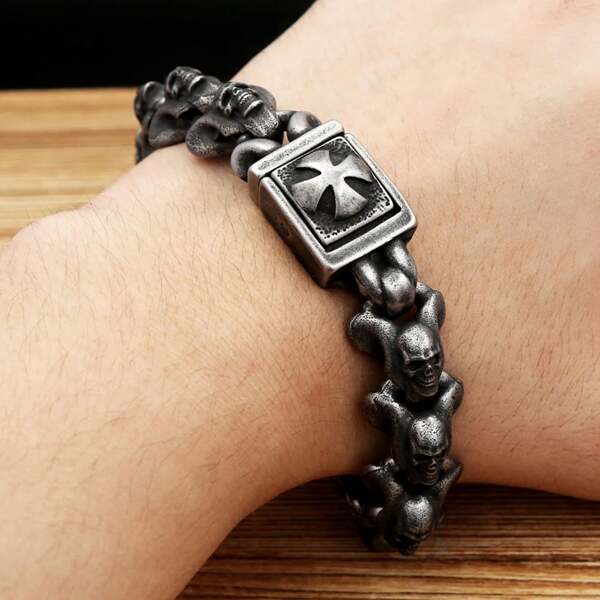 1pc Vintage 23cm Silver-Tone Skull & Cross Pattern Men's Bracelet, Suitable For Daily Wear
