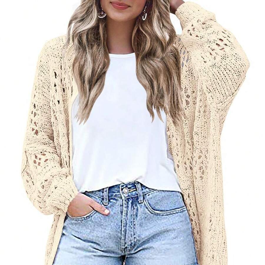 Summer Lightweight Crochet Cardigan For Women, Coquette Hollow Out Open Front Long Sleeve Cardigan Sweater, Casual Comfort, Fashion Outerwear - 黃色 - 查看 1