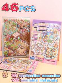 47 Stücke dekorative DIY Haus Aufkleber, Landschafts Aufkleber, Szenen Aufkleber (26 Materialbögen + 20 Grundkarten + Metall Pinzette), 3D Miniatur Haus Diorama Aufkleber, Landschafts Aufkleber, Handbuch Aufkleber, kleine Haus Szene Sortier Aufkleber, wiederverwendbar, verschiedene Größen erhältlich