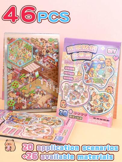 47片装DIY装饰房屋贴纸，景观贴纸，场景贴纸（26张材料纸+20张底卡+金属镊子），3D微缩房屋立体模型贴纸，风景贴纸，手册贴纸，小型房屋场景分类贴纸，可重复使用，多种尺寸可选