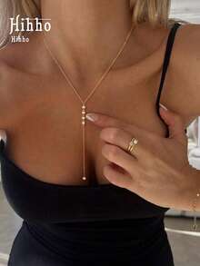 Hihho 1 件时尚百搭 Y 形闪亮锆石吊坠项链，简约珠宝，适合日常佩戴和女士礼物，优雅 - 金黃色 - 查看 3