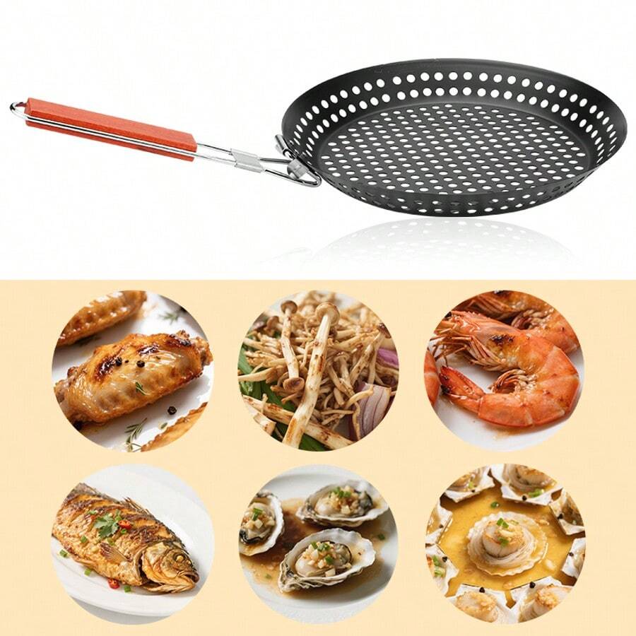 1 Stück Edelstahl Grill Korb - Runde perforierte Grillpfanne mit klappbarem Griff für Outdoor-Grill und Backen