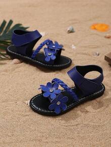 1双粉色青少年/女孩时尚沙滩凉鞋，纯色柔软PU材质，饰有闪亮花朵图案，后跟魔术贴搭扣，圆头平底，舒适可爱罗马款式，适合3-15岁女孩日常、海滩、夏季穿着，新品上市 - 藍色 - 查看 7