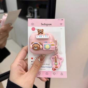 1pc Cute Cartoon Music Bear Pink Soft Shockproof Case + Guitar Star Keychain / 1pc Beige Cute Bear Star Shockproof Earphone Case + Star Bell Pendant Bluetooth Earphone Case Compatible With Apple 1st/2nd/3rd/Pro/Pro 2nd Generation, Creative Design