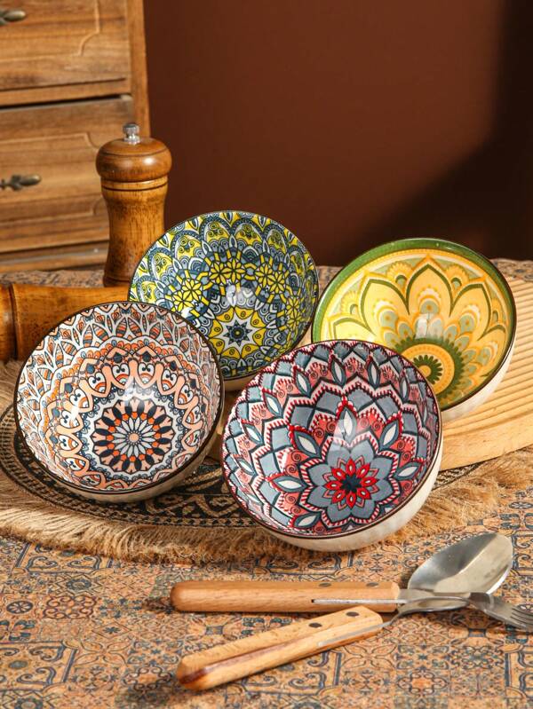 1pc Bohemian Style Ceramic Bowl, 4 Color Options, Single/2pcs/4pcs/6pcs/Assorted 4pcs Set, Suitable For Breakfast Bowl, Milk Bowl, Large Capacity Cup, Practical Household Tableware,School Supplies