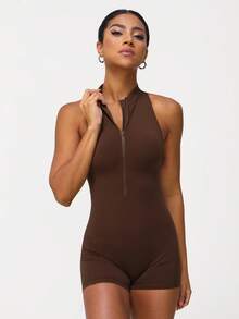 Sodalemon 女士拉链连体瑜伽裤，蜜桃臀露背，健身连体裤 - 咖啡棕 - 查看 6