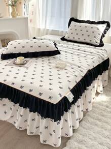 3pcs Bedding Set (1pc Bed Skirt + 2pcs Pillow Cases), Cute Romantic Floral & Bow Design With Double Ruffled Skirt, Elegant French Style, Suitable For Queen/Twin Bed, All Season