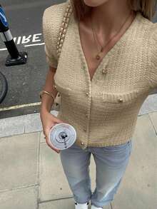 FOR BEAUTY 春夏新款纯色圆领金属纽扣针织开衫，简约别致的度假休闲风，轻盈透气的毕业季开衫，新年必备 - 雅米 - 查看 3
