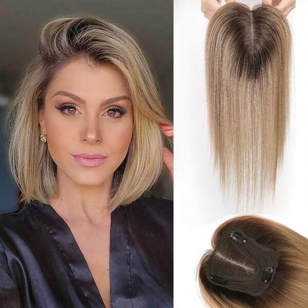 Haartopper für Frauen Top Haarteile echtes menschliches Haar mit Pony Menschenhaartopper mit Schweizer Spitzenbasis handgebundenes Haar verlieren/dünnen Haar 14inch ombre hellbraun