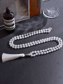 108 珠 8 毫米白玉念珠项链 - 波西米亚复古男女通用冥想祈祷珠宝，带结，适合日常佩戴、瑜伽和精神珠宝 - 白色 - 查看 2