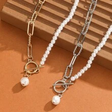 BJNCDIO 1pc Elegant & Fashionable Multilayer Necklace, Boho Style With Faux Pearl, Stainless Steel Charm Pendants, Versatile Wear For Daily, Music Festival, Great Gift, Non-Fading, Hypoallergenic