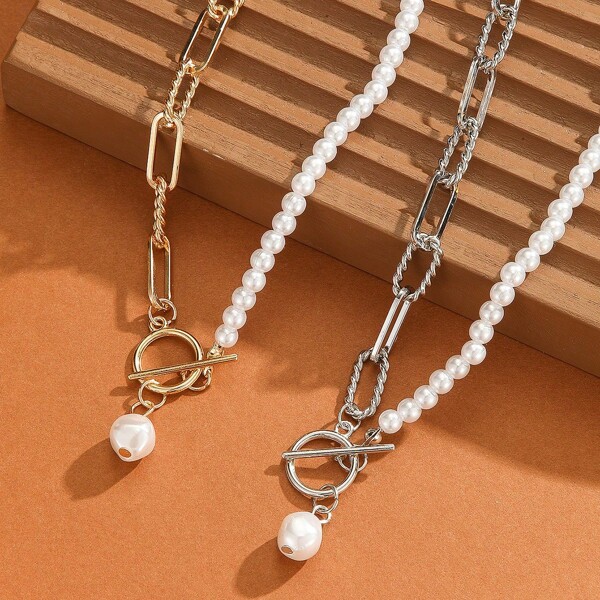 BJNCDIO 1pc Elegant & Fashionable Multilayer Necklace, Boho Style With Faux Pearl, Stainless Steel Charm Pendants, Versatile Wear For Daily, Music Festival, Great Gift, Non-Fading, Hypoallergenic