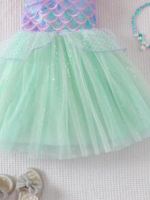 Girls' Sleeveless Sequin & Fish Scale Print Princess Mermaid Dress - Green - View 6