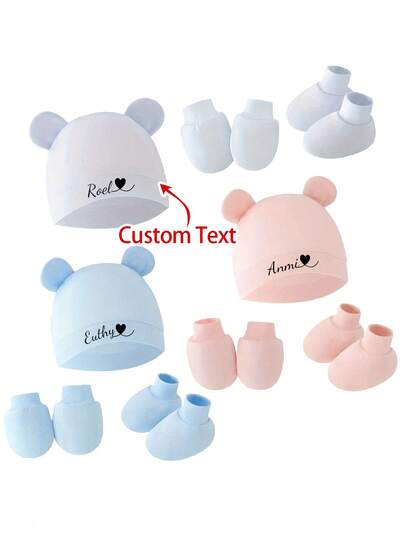 3-Piece Personalized Newborn Baby Hat & Gloves Set, Customized Baby Name Print On Beanie, Scratch Proof & Warm, Suitable For All Seasons, Ideal Gift For Baby Shower, Newborn Or Infant,Christmas Gift Supplies