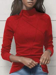 Áo lót cổ cao giữ nhiệt cho nữ, áo len giữ nhiệt có gân thời trang cho bộ sưu tập Thu/Đông 2024, phong cách thường ngày. - Đỏ - Xem 3
