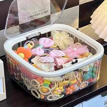 1pc [Thickened Hair Accessory And Hairpin Storage Box] Desktop Large-Capacity Covered Jewelry Box With Leather Band Hair Tie And Cute Hair Pin Storage Box