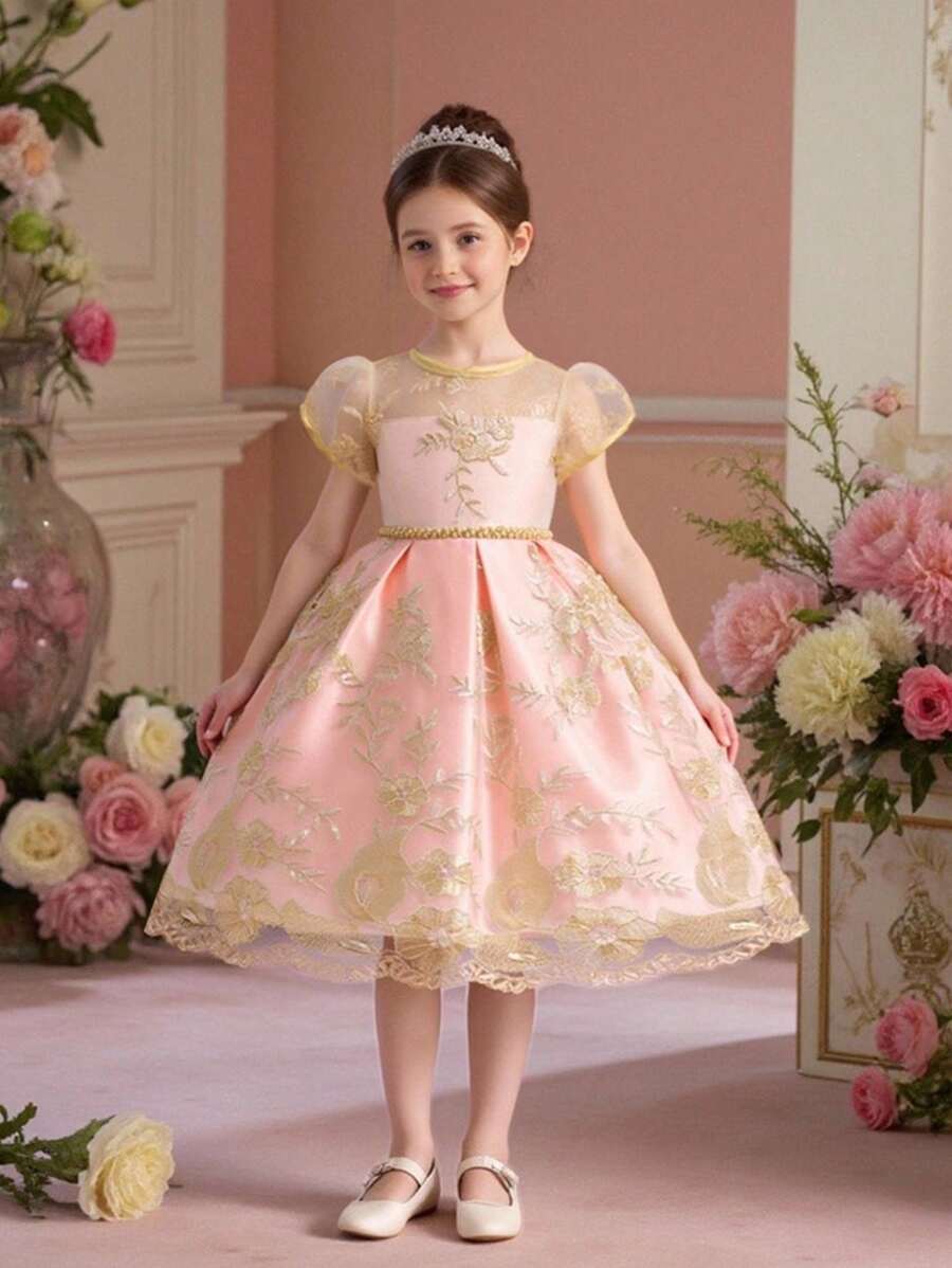 Girls' Embroidered Birthday Party Flower Girl Wedding Dress Princess Gown, Suitable For Wedding, Party, Evening, Does Not Include Headband