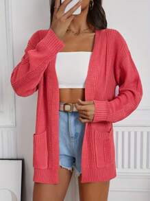 Cárdigan de manga larga y hombros caídos para mujer, de unicolor casual con bolsillos